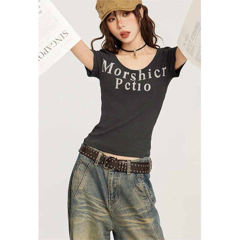 美式辣妹u领正肩短袖t恤女夏夏季2024新款修身显瘦大领口短款上衣