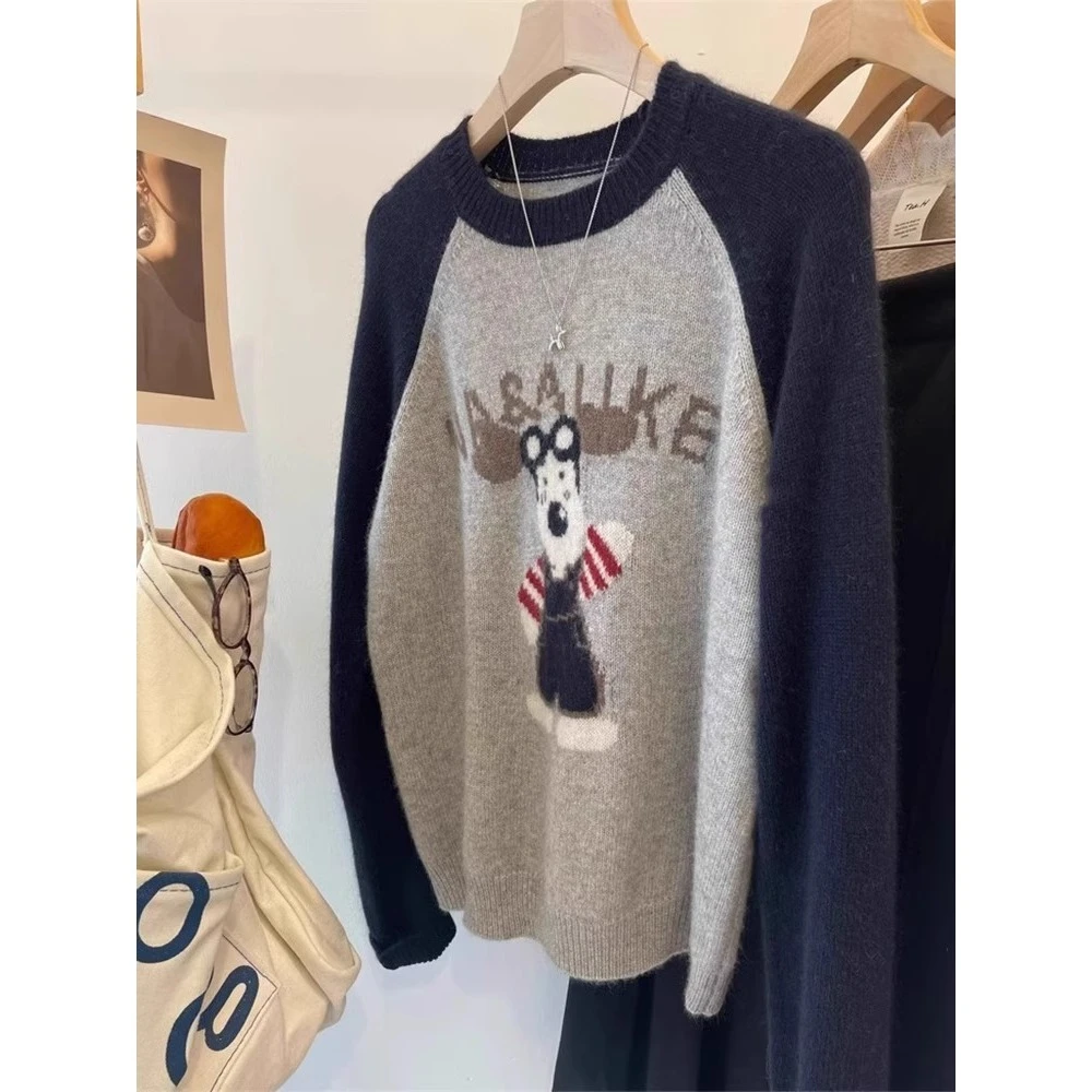 插肩浣熊绒套头毛衣女秋冬冬季2024新款显瘦内搭打底针织衫上衣厚