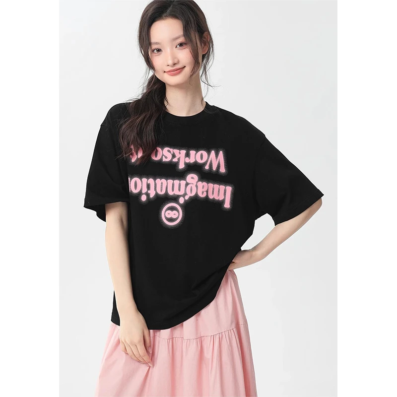 美式黑色正肩短袖t恤女夏季半袖宽松小个子中袖大版重磅上衣春秋