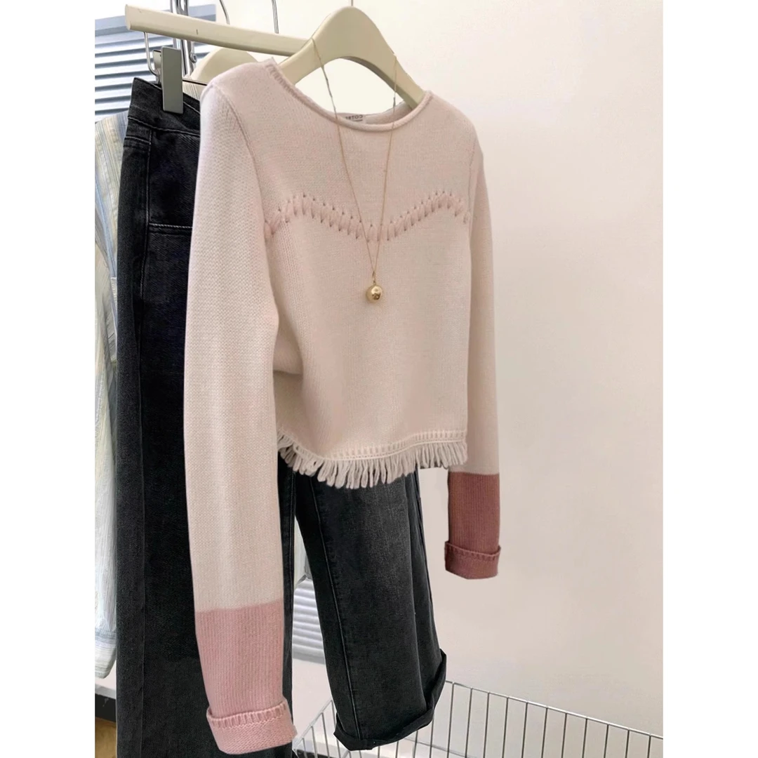 流苏拼接长袖毛衣针织衫女秋冬设计感韩系修身内搭打底衫短款上衣