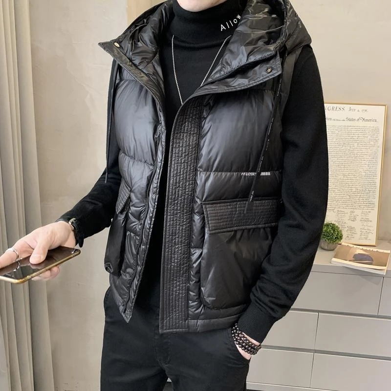 羽绒马甲2023年秋冬新款连帽韩版修身口袋设计感羽绒马甲外套男