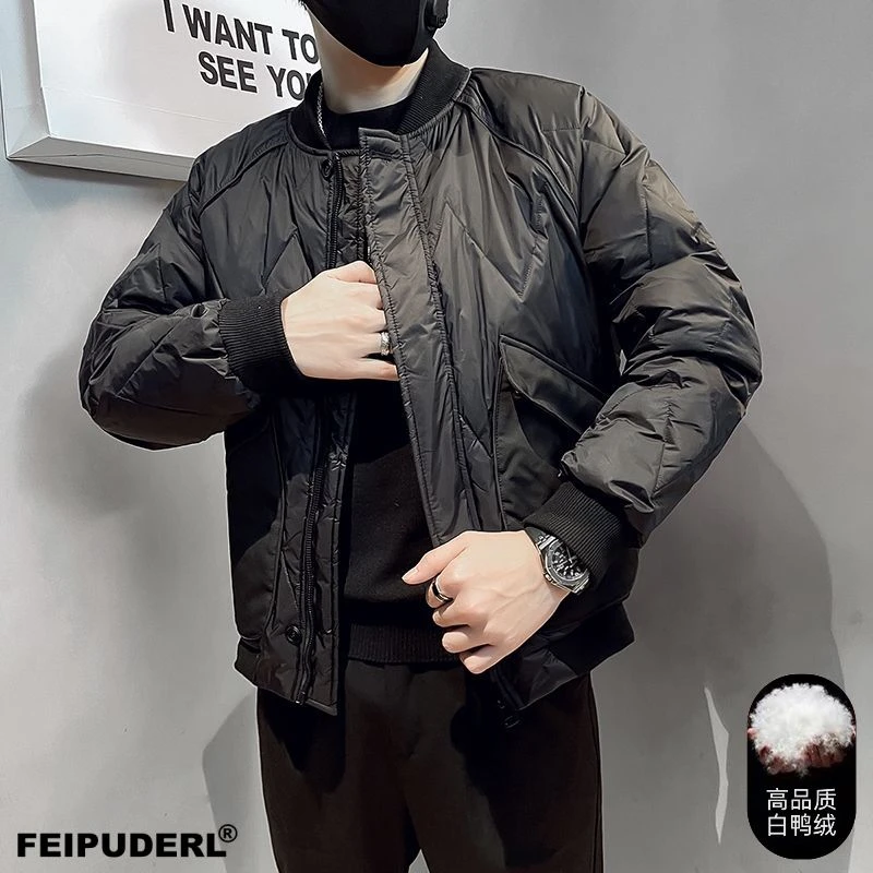 2023冬季新款棒球领潮流男装加厚宽松保暖羽绒服个性帅气时尚外套