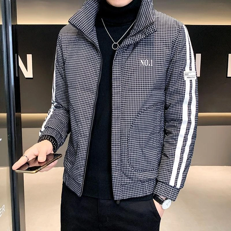 男士羽绒服2023年新款潮流修身帅气立领格子轻薄冬季加厚保暖外套