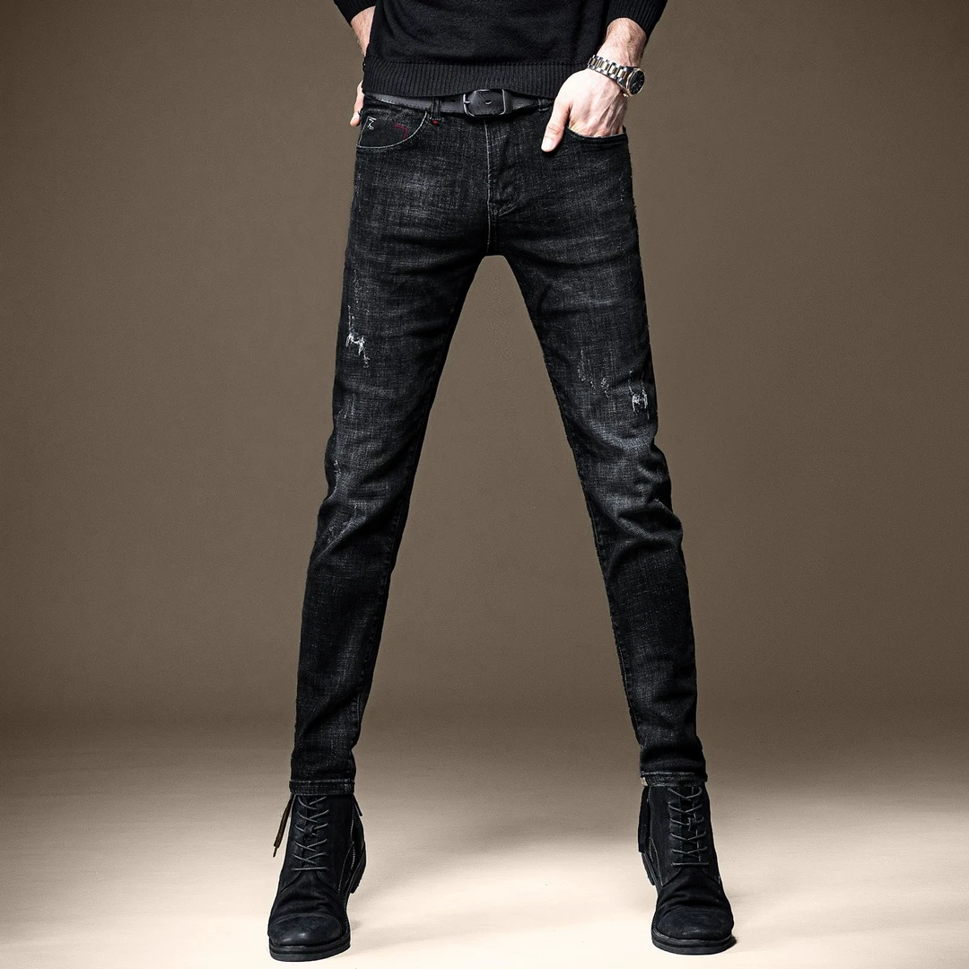 Cebrodz2024秋季新款黑色破洞牛仔裤男秋季修身潮牌弹力休闲男士