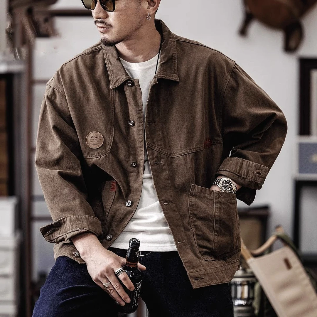 Cebrodz美式重磅复古纯棉秋季工装夹克男春秋翻领休闲衬衫牛仔外