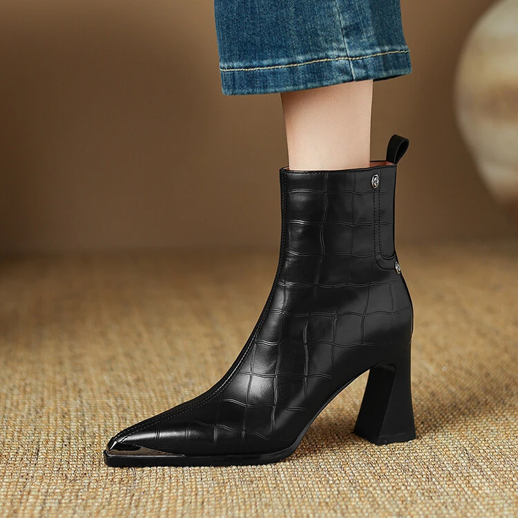 牛皮 跟7.5cm复古真皮粗跟短靴女秋冬新款侧拉链尖头气质女靴