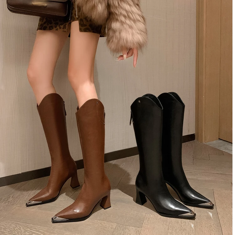 牛皮 跟7.5cm高级感尖头高跟V口显瘦长筒靴秋冬新款简约时尚长靴
