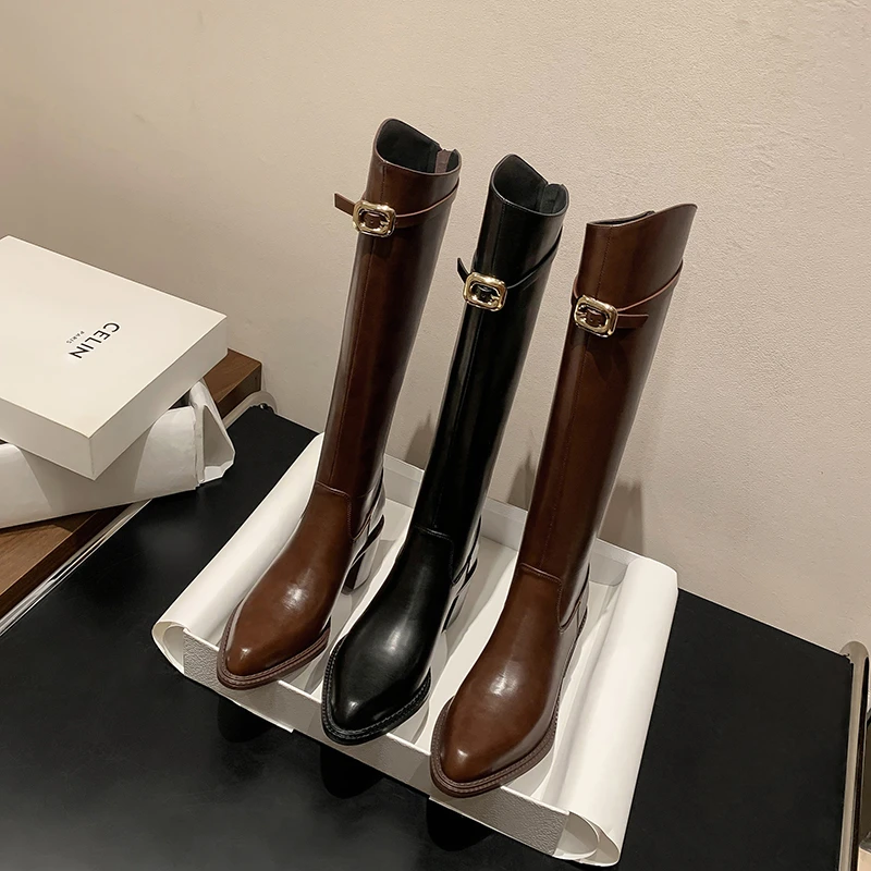 6CM 牛皮尖头粗跟长筒靴女小个子不过膝高筒靴加绒保暖百搭骑士靴