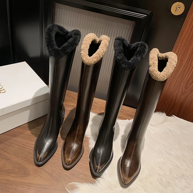 6.5CM牛皮尖头粗跟加绒保暖高筒靴不过膝长靴冬季新款真皮骑士靴