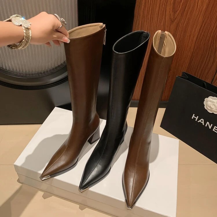 7CM 牛皮小个子不过膝高筒靴秋冬真皮长靴金属尖头粗跟长筒骑士靴