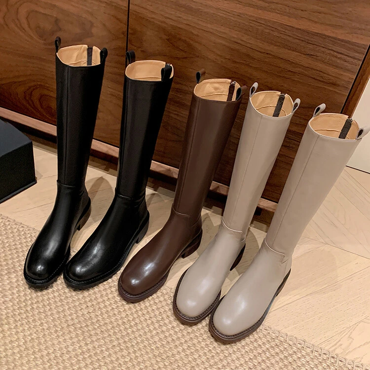 牛皮 跟3cm2023秋冬新款百搭简约平底高筒靴英伦风后拉链显瘦长靴