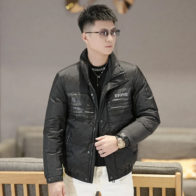【清福利】冬季轻奢简约休闲拼皮刺绣羽绒服男士短款修身保暖外套