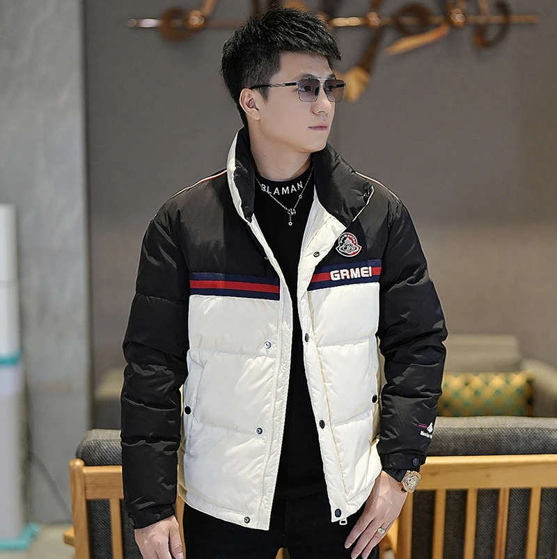 【莫斯吉尔】冬季拼色织带立领羽绒服男士潮流休闲百搭加厚保暖外套