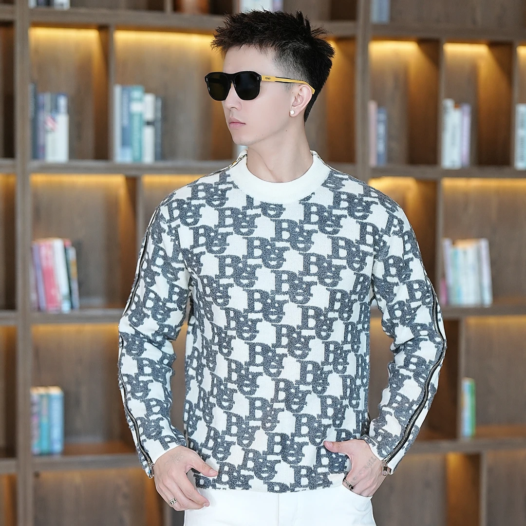 【莫斯吉尔】 秋季男士痞帅轻奢针织毛衣时尚潮流羊毛圆领套头上衣