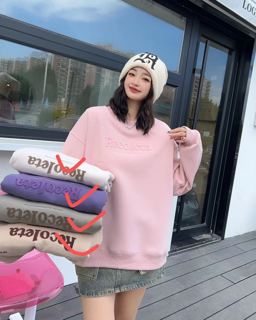 【一品甄选】字母R牙刷绣加绒圆领卫衣 加绒女上衣卫衣插肩袖百搭