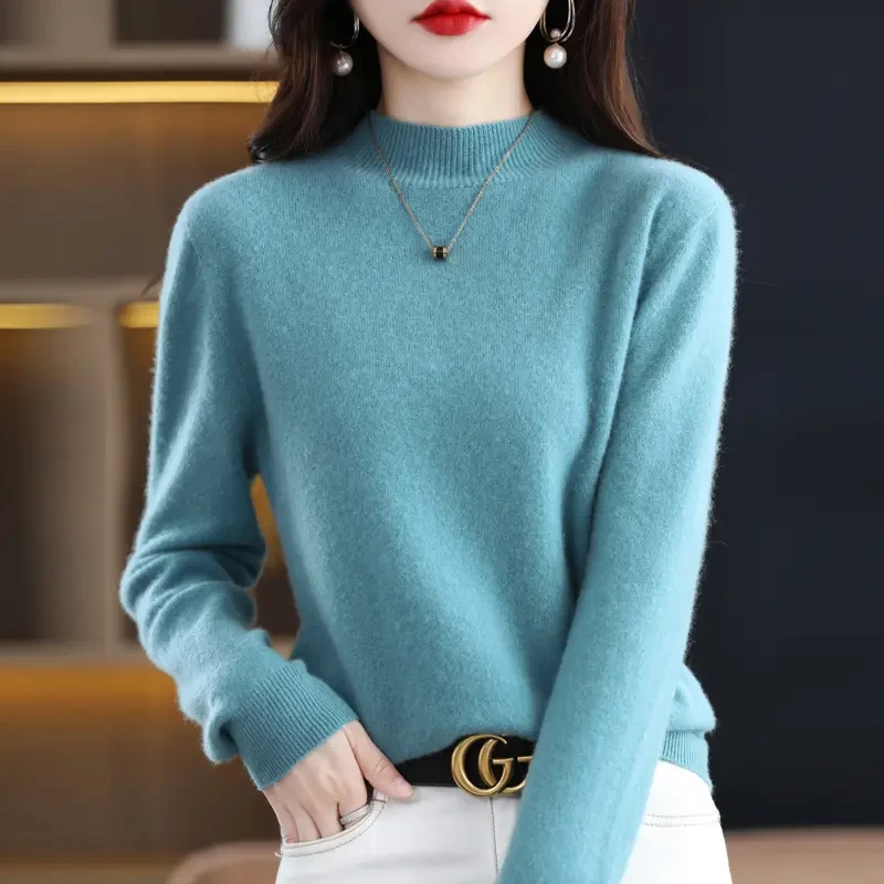 湖蓝色半高领毛衣秋冬季新款女装长袖针织衫外穿上衣宽松打底内搭