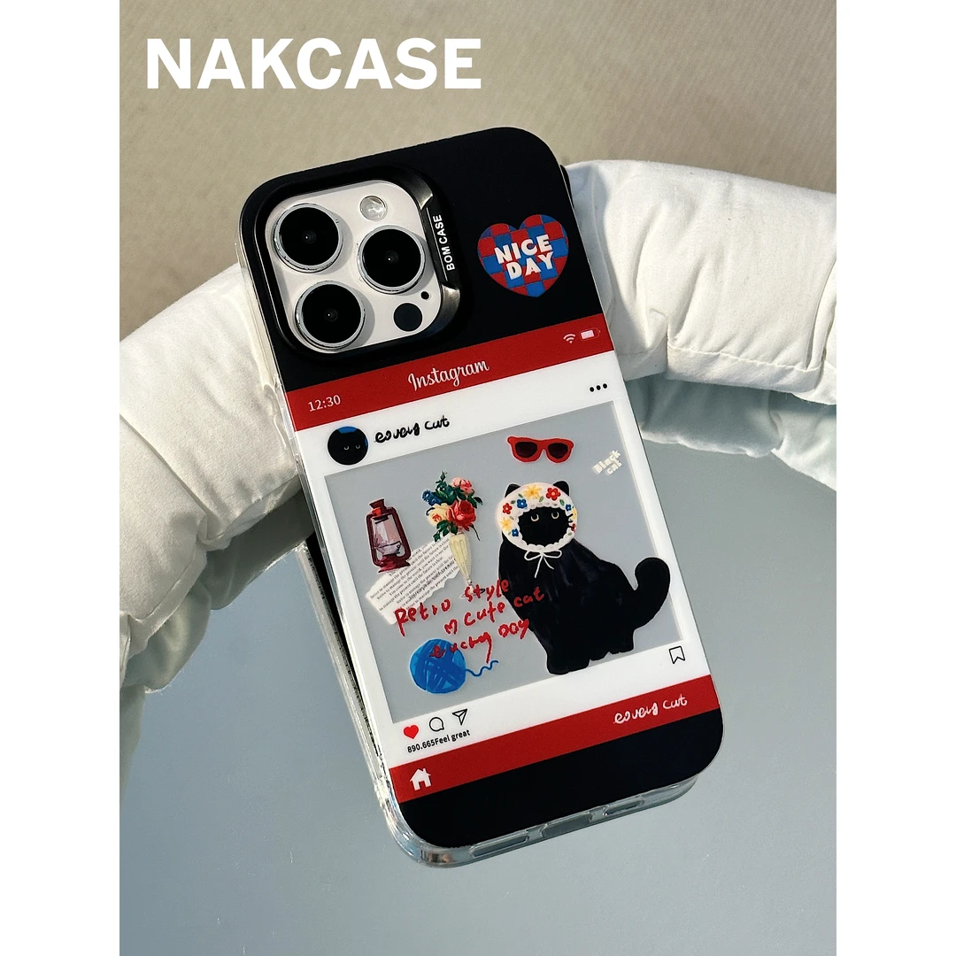 ins韩风可爱相框头巾黑猫双层壳适用苹果14promax/iPhone13手机壳