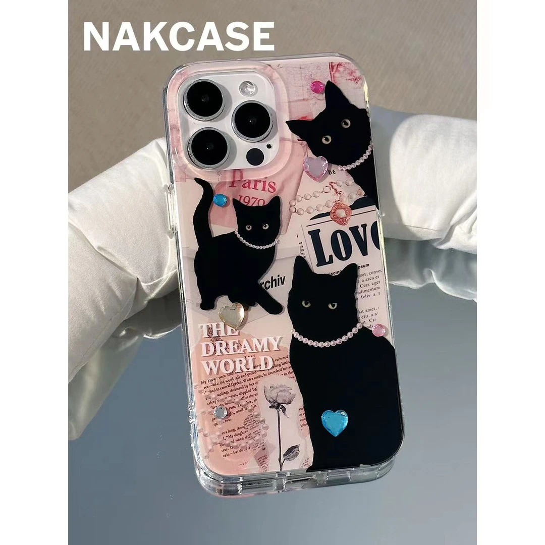 ins小众珍珠项链黑猫双层壳适用苹果14promax/iPhone13/12手机壳