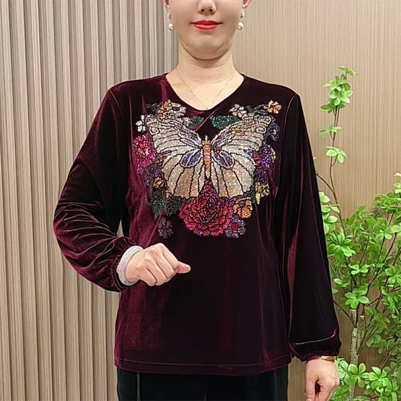 妈妈装秋装洋气烫砖小衫中老年女装春秋大码宽松V领百搭打底衫