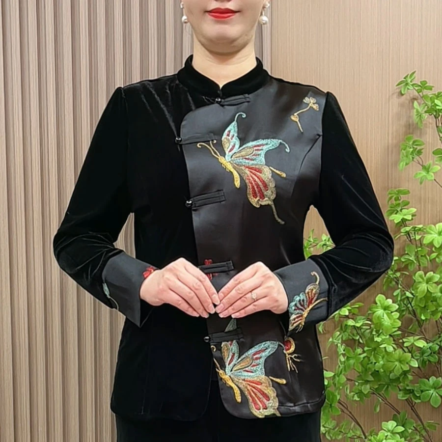 妈妈装秋冬高档丝绒衬衫中老年女装洋气新中式重工刺绣旗袍衫上衣