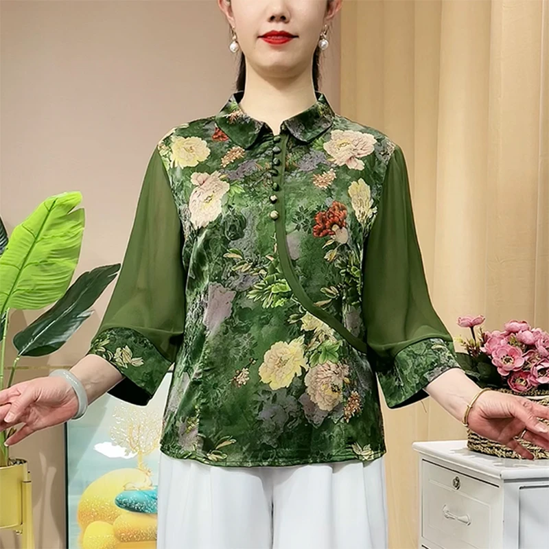 妈妈夏装七分袖翻领衬衫中老年女装婆婆时尚印花气质宽松小衫大码