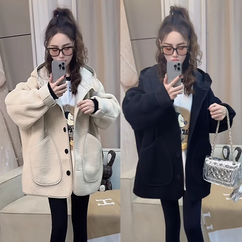 韩版通勤大口袋皮毛一体连帽外套女冬季时尚高级感新款超好看棉服