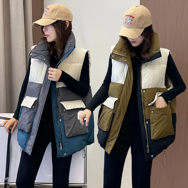 韩版立领拼色时尚坎肩马夹女2023秋冬季宽松加厚百搭洋气保暖上衣