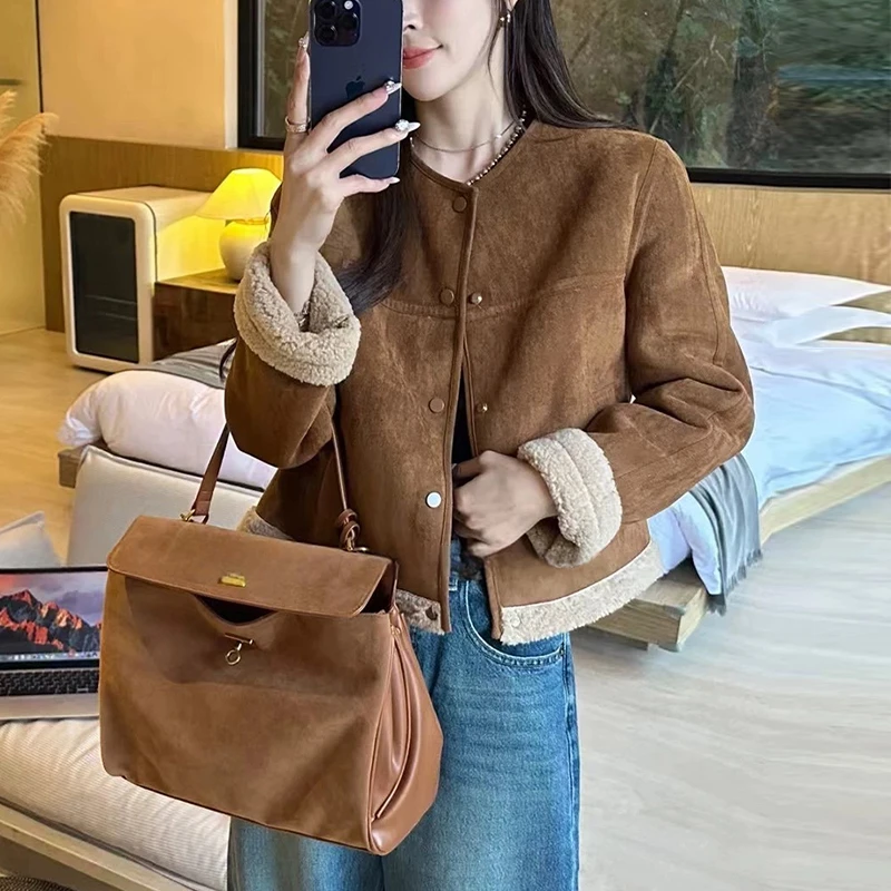 韩版麂皮绒皮毛一体外套女2025秋冬新款洋气设计感保暖小个子夹克