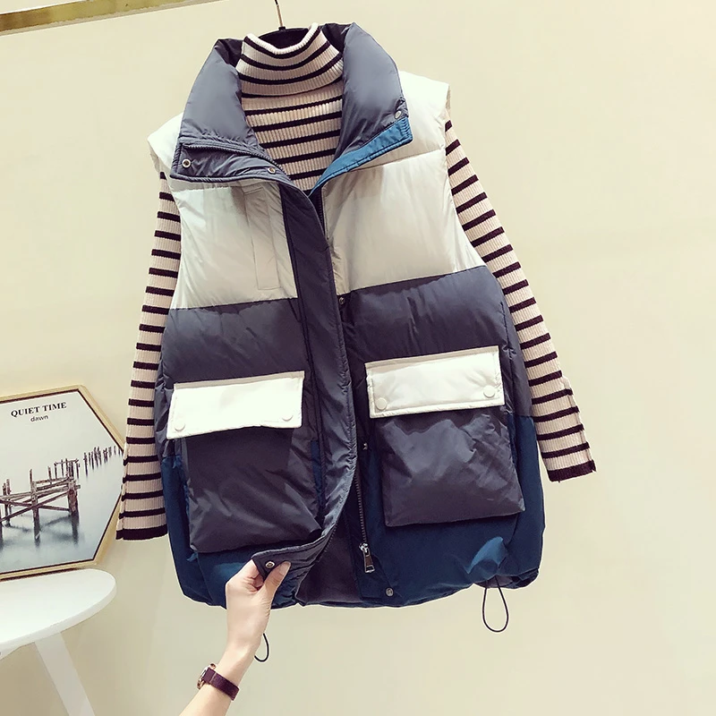 2023秋冬新款韩版拼色拼接棉马甲女大口袋保暖坎肩背心上衣外套潮