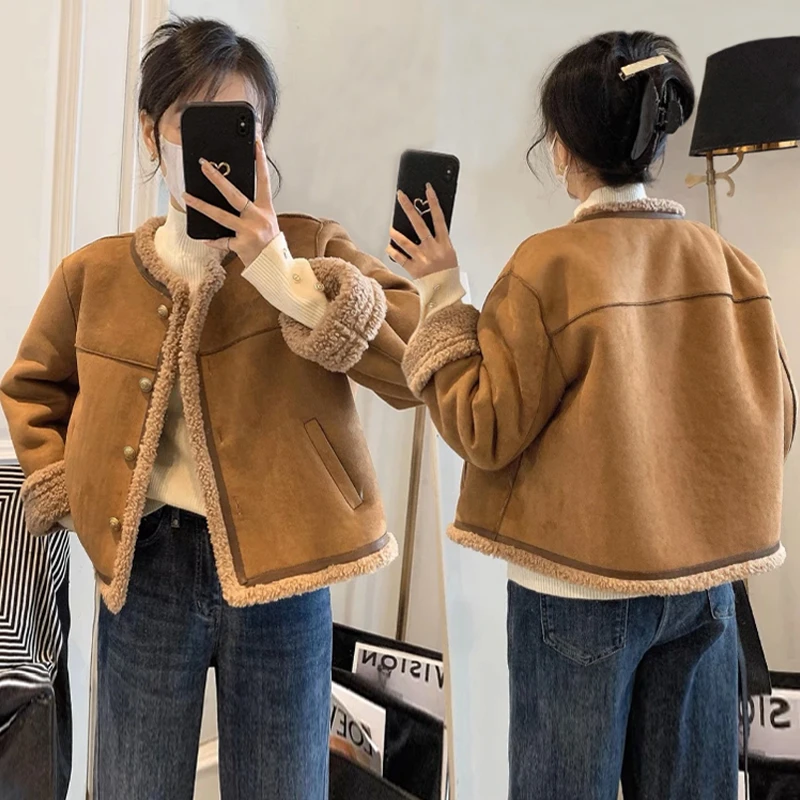 韩版百搭小香风外套2023秋冬季新款宽松羊羔毛皮毛一体长袖上衣