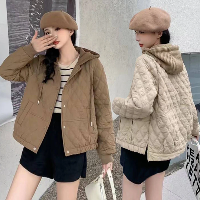 百搭连帽棉服女外套2023秋冬宽松韩版面包服菱格减龄长袖上衣潮