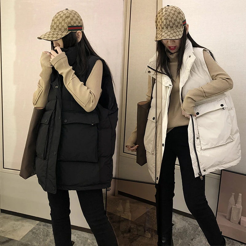 2025秋冬新款韩版大口袋中长款棉马甲女坎肩背心马夹宽松减龄穿搭
