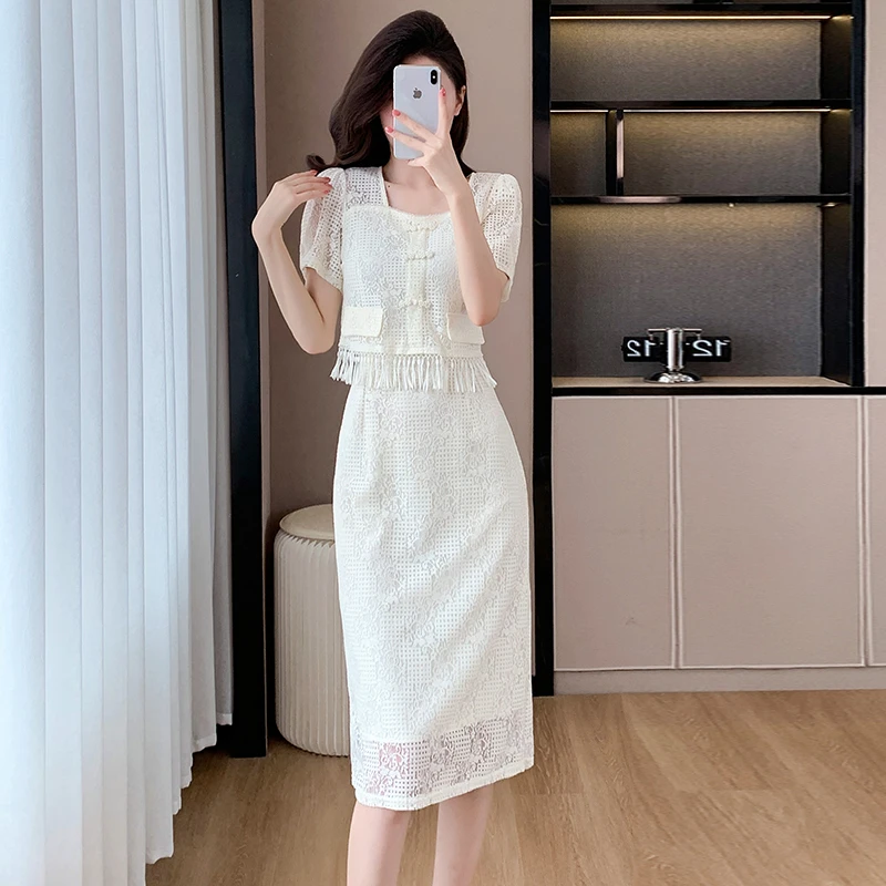 假两件流苏蕾丝连衣裙女夏季新款2025年国风小香风a字中长裙子潮
