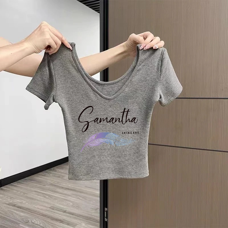 夏季大V领口露锁骨前后两穿正肩短袖纯欲短款显瘦修身v领T恤上衣