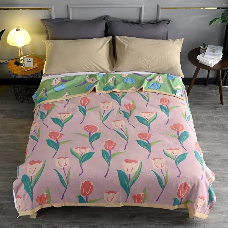精梳棉床单床盖郁金香花色毛巾被多功能盖毯沙发巾150*200±2cm