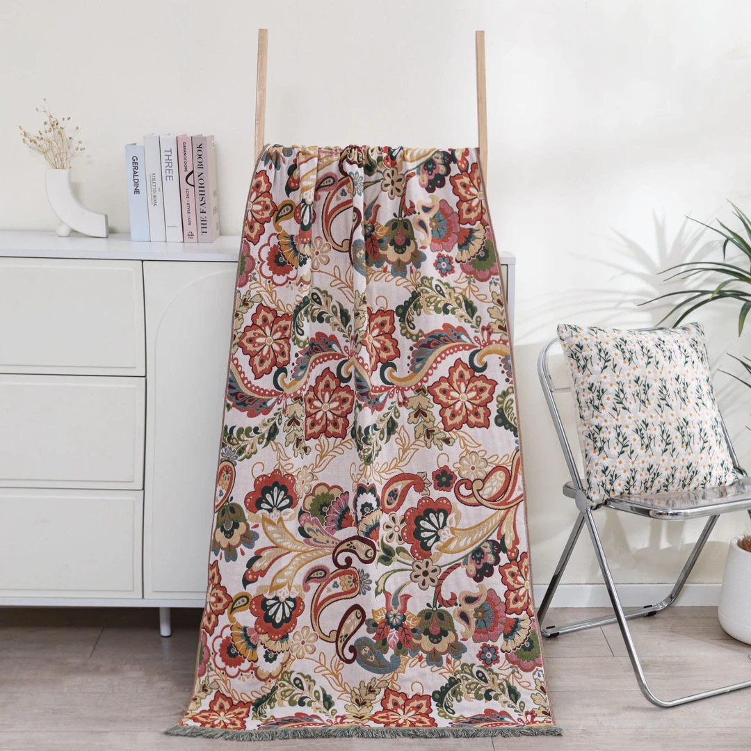 多功能棉纱布浴巾/沙发巾吸水柔软好看80*160（枝蔓流苏浴巾）