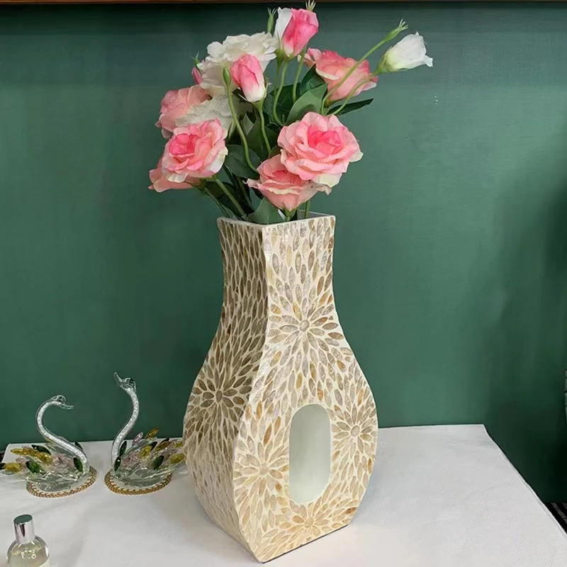 轻奢香槟金装饰花瓶摆件贝壳镶嵌工艺21*10*40cm