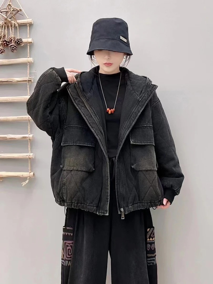 依佳1901简约时尚保暖牛仔连帽棉服衣长58胸围130棉服短款外套
