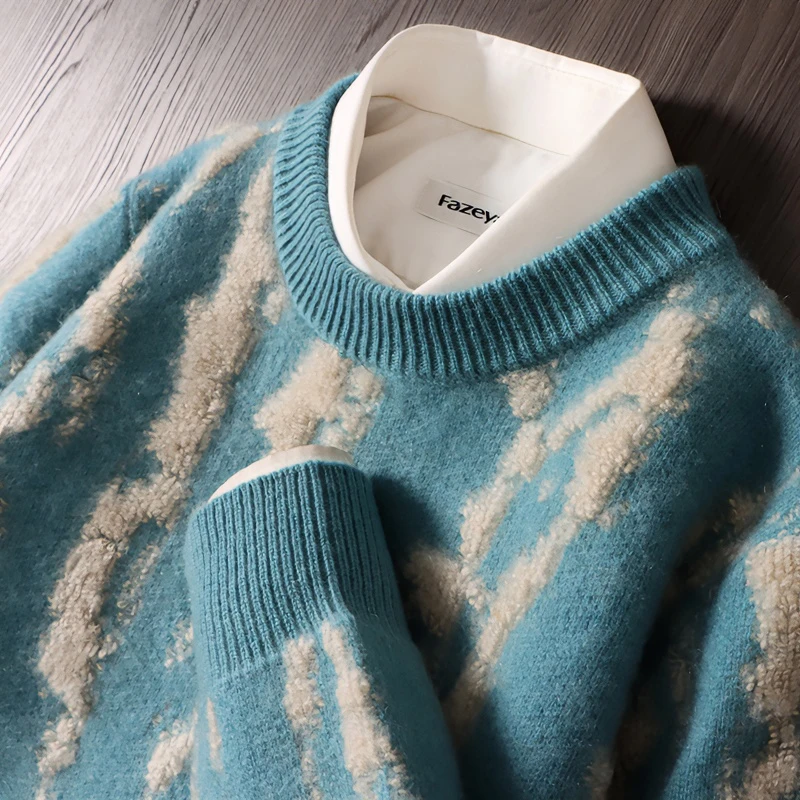 23秋冬新款纯羊毛衫男士加厚宽松拼色套头毛衣休闲商务针织打底衫