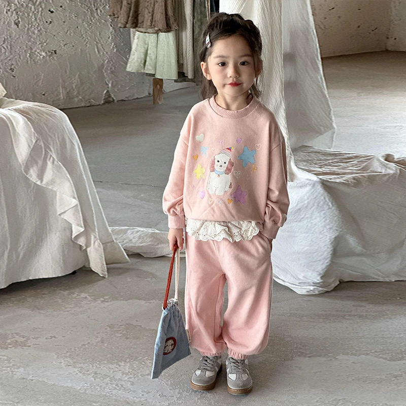 《甜小七》2024秋季新款韩版女童甜美可爱印花小狗粉色休闲套装