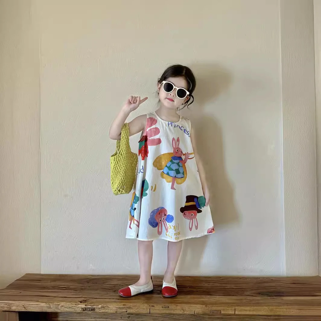 《甜小七》2024新款风格款女童夏款中小童大裙摆长裙印花兔子连衣裙