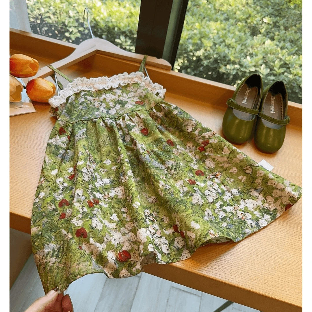 《甜小七》女童连衣裙2024夏装新款碎花满印小女孩公主裙吊带连衣裙