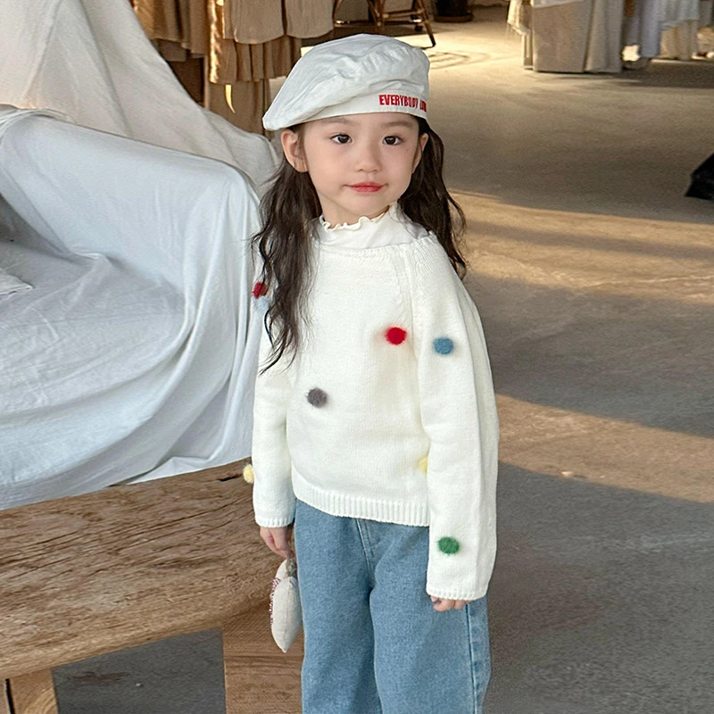 《甜小七》2024秋季新款韩版童装女童彩色毛球立体圆领毛衣