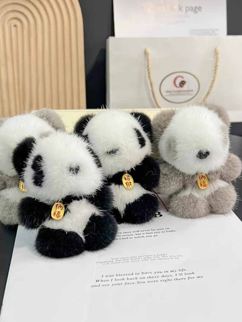 水貂毛可爱小熊猫汽车钥匙扣包包挂件毛绒公仔玩具背包