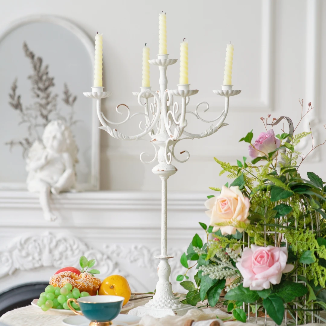白色宫廷风烛台铁质摄影棚拍摄道具民宿房间餐厅多支复古摆件装饰