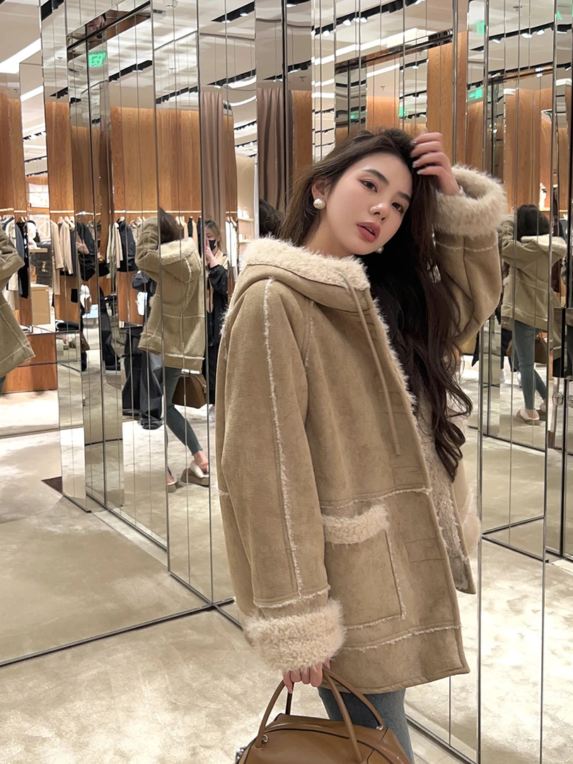 邱肉瑶 新款连帽一体保暖休闲显瘦小香风外套女冬季加绒加厚