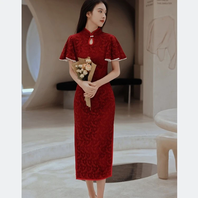 蕾丝旗袍小个子婚礼敬酒服新娘回门显瘦气质法式酒红色复古连衣裙