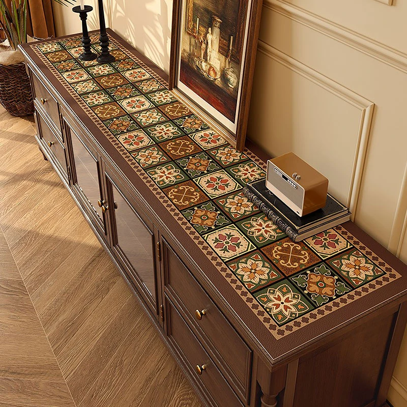 范居美拉德花砖电视柜桌垫轻奢皮革垫子边柜防水梳妆台垫长条装饰