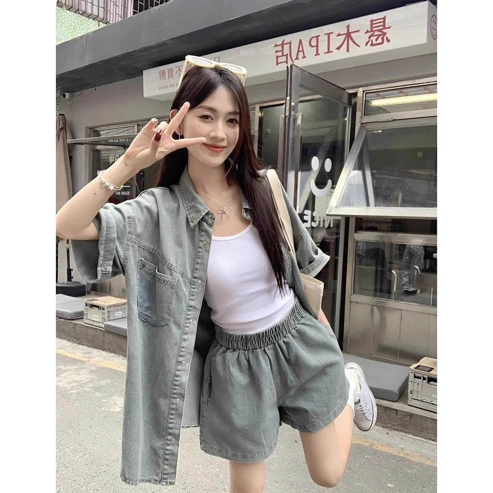 时尚炸街套装女夏装休闲宽松显瘦高级感复古牛仔衬衫短裤两件套装