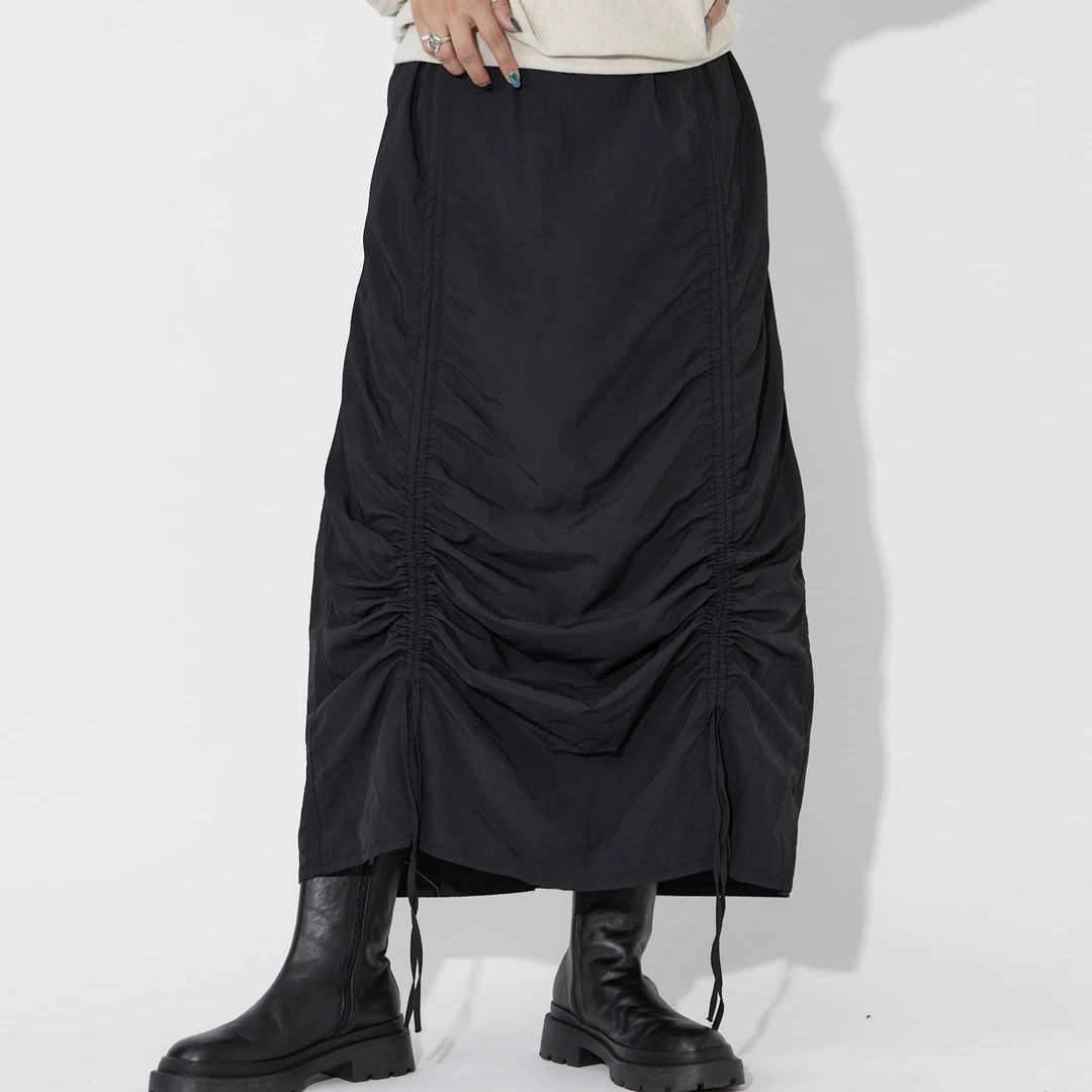 日本原单外贸高端贵牌抽褶松紧腰轻户外风尼龙肌理感长半裙长裙